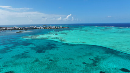 Blue Bay Water At San Andres In Caribbean Island Colombia. Colombian Caribbean Beach. Blue Sea...