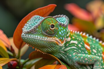 A vividly colored chameleon camouflages among vibrant green leaves, showcasing its incredible adaptability