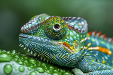 Obraz premium A closeup shot capturing the vibrant, colorful scales of a chameleon blending with the dewy green leaf it rests on, showcasing nature's tranquility