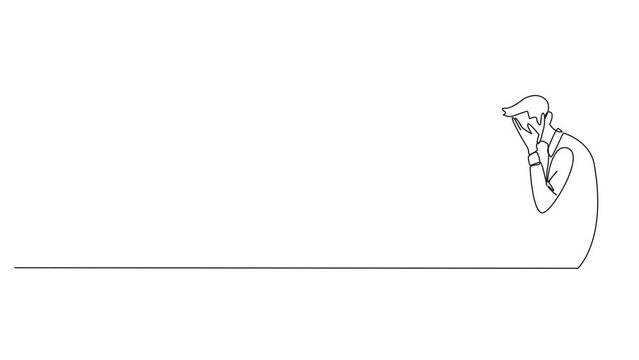 Self drawing animation of continuous one line drawing businessman sitting while covering face. A sad businessman bemoans the fate of business. Failure to develop business unit. Full length animated
