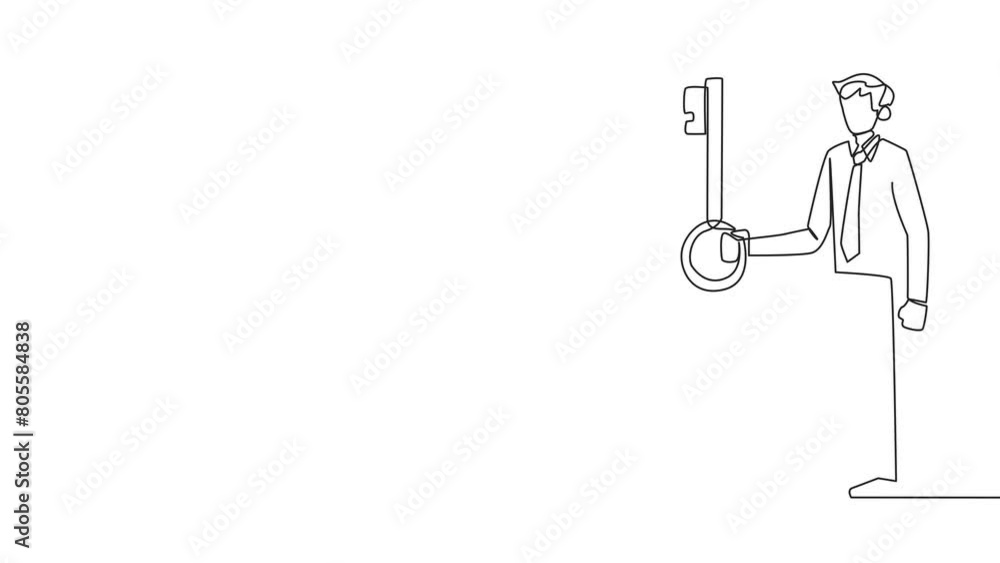 Aufkleber animation of one line drawing of single one line drawing businessman holding key. important key to i