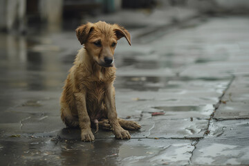 stray dog abandoned, hungry, and wet in the rain on the streets, seeking adoption