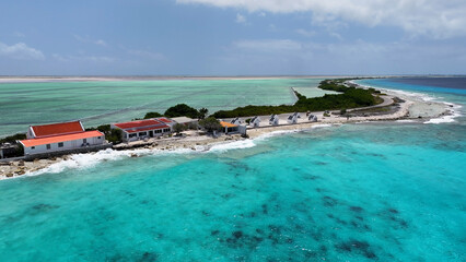 Old Slave Huts At Kralendijk In Bonaire Netherlands Antilles. Island Beach. Blue Sea Landscape. Kralendijk At Bonaire Netherlands Antilles. Tourism Background. Nature Seascape.