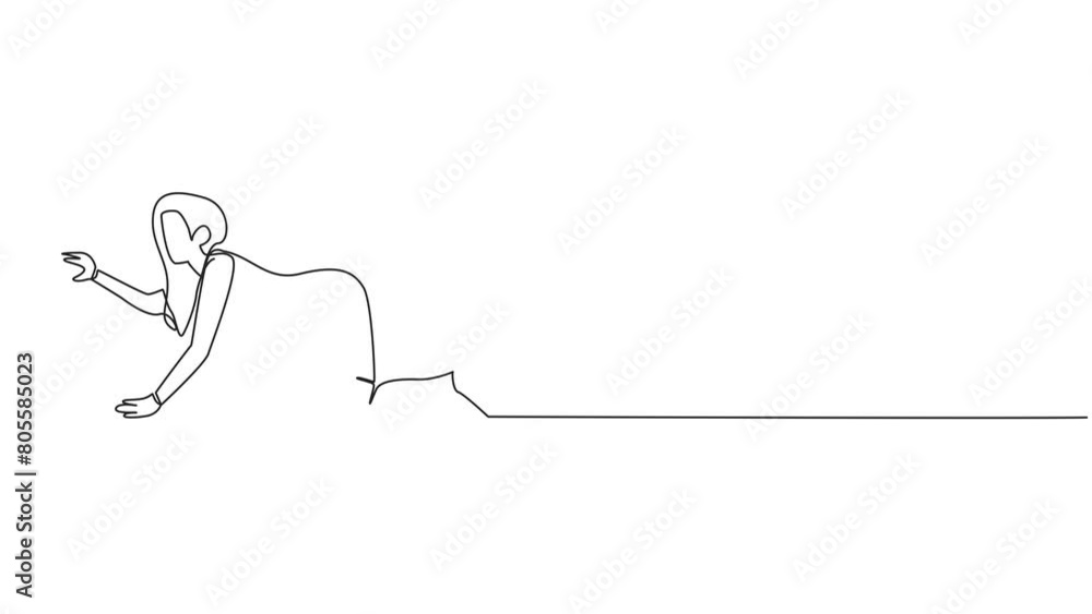 Poster animated self drawing of single one line drawing tired businesswoman. trying to get up after being a