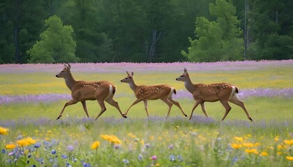 A Family Of Deer Crossing A Field Of Wildflowers
