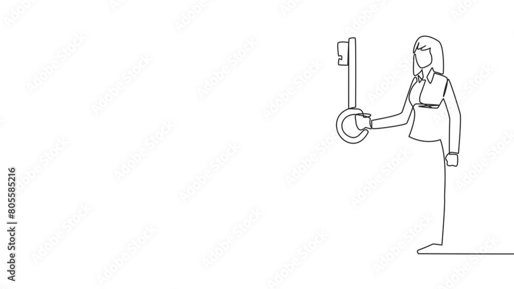 Poster animated self drawing of single continuous line drawing businesswoman holding key. important key to 
