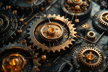 Illustrate a close-up of intricate gears and cogs interlocking in a steampunk-inspired machine