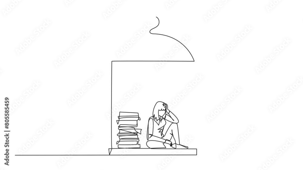 Poster animated self drawing of continuous one line drawing businesswoman trapped in cage sitting down frus