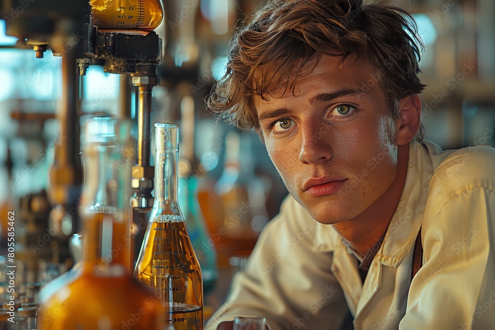 Poster a young man with a pensive look holding a flask and evaluating it in a lab with warm tones