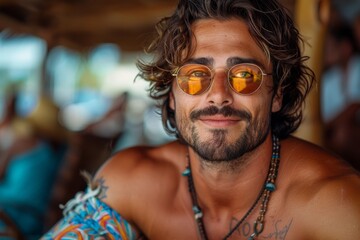 Confident man with curly hair and yellow sunglasses gives a vibrant look