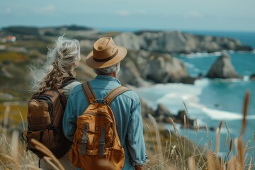 An elderly couple with backpacks stand on a cliff overlooking a stunning rocky beach, waves hitting the shore - Powered by Adobe