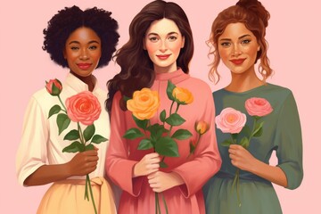 Three Women Holding Roses