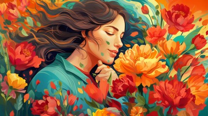 Woman Surrounded by Flowers Painting