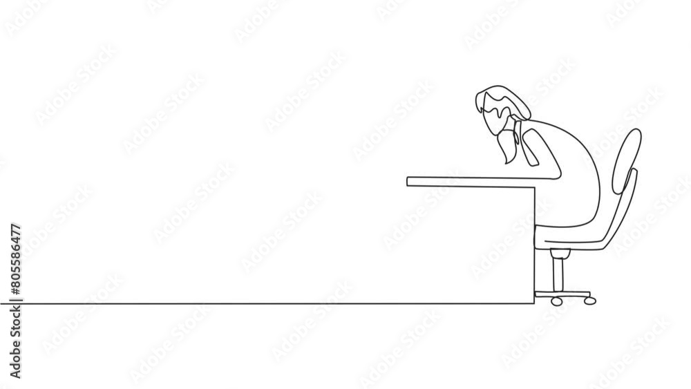 Poster self drawing animation of continuous one line drawing businesswoman sitting and typing on laptop com