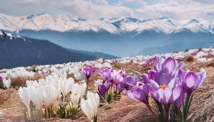 flowering spring flowers fantastic macro photo of crocus safran and snowdrop flowers in mountains exclusive this image is sold only on adobe stock