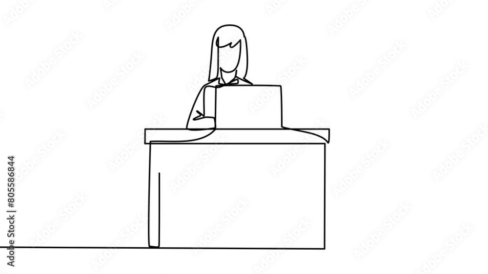 Poster animation of one line drawing of continuous one line drawing businesswoman sitting and typing on lap
