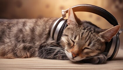 cute sleeping cat listening to music with headphones on musical pets banner