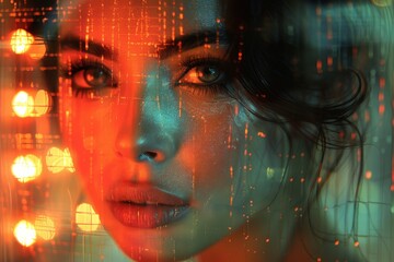 A cyberpunk-inspired portrait showing a woman's face reflected against digital data and vibrant light orbs