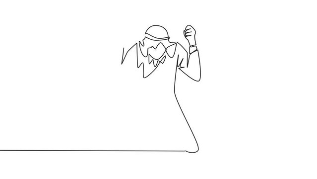 Self drawing animation of single continuous line drawing Arab businessman kneeling like praying. Lost hope. Businesses will bankrupt if fail to get bona fide clients. Full length animated
