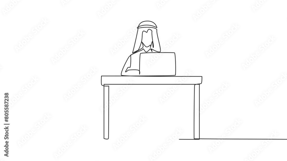 Poster animation of continuous line drawing arab businessman sitting and typing on the laptop computer. pre