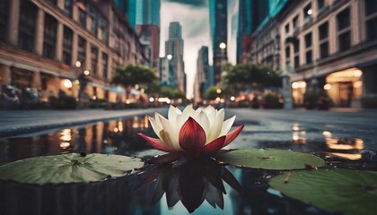 zen lotus flower in modern city street digital era mental health practices