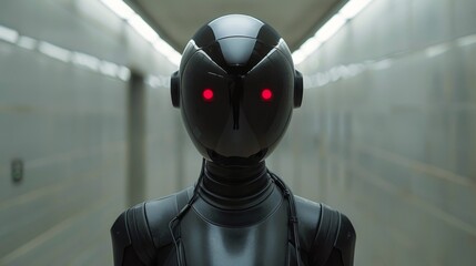Robot With Red Eyes in Hallway