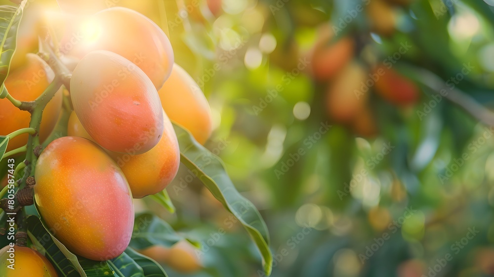 Sticker Ripe mangoes hanging on a tree in bright sunlight. Fresh tropical fruit ready for harvest. Natural, vibrant, and healthy food scene. Perfect for culinary and agriculture content. AI