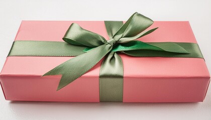pink paper present box with green ribbon bow isolated on white background - Powered by Adobe