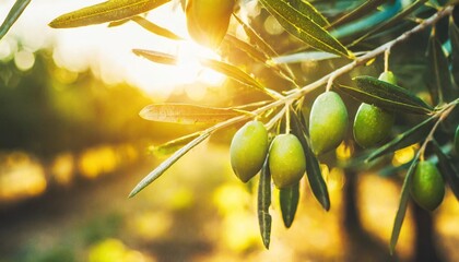 fresh bio green olives in olives tree farm healthy food panorama banner with sunset generative ai