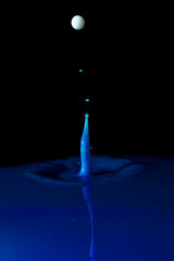 drops of colored water falling, colliding with each other forming figures