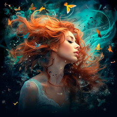 Artistic painting of a woman with flowing hair with butterflies flying around on a blue background that resembles wind or water. Conceptual cover for music album.