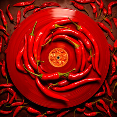 conceptual photo of a vinyl record with many red peppers