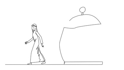 Animated self drawing of single line drawing Arab businessman trapped in cage and walking penetrate the cage. Metaphor seeking new challenges and experiences. Full length single line animation