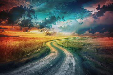 image of a vibrant multi-colored road leading into a stormy sunset