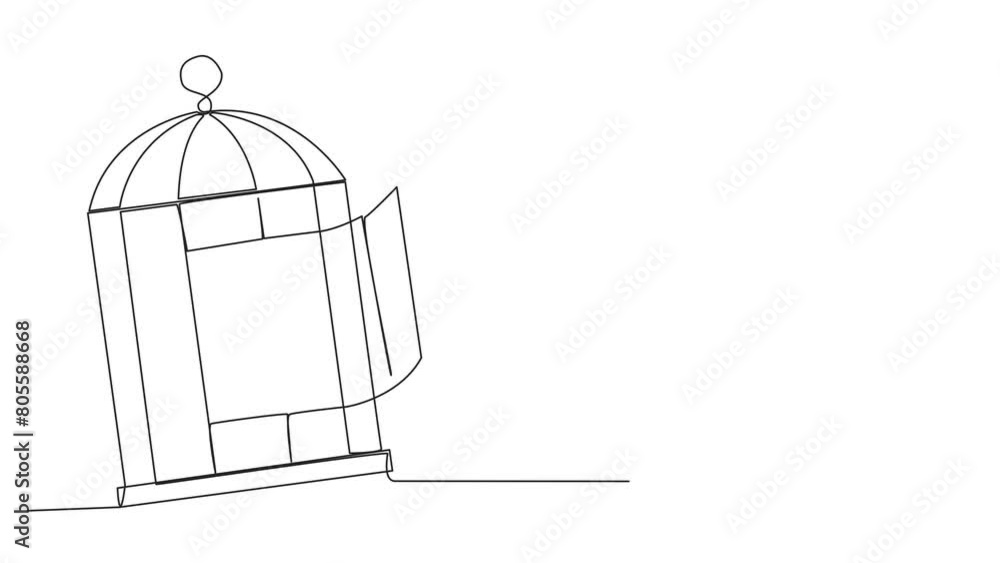 Poster animation of continuous line drawing arab businessman running out of cage holding key. the concept o
