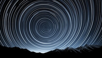 y Long exposure of star trails in the night sky, spiraling dynamically against a deep black