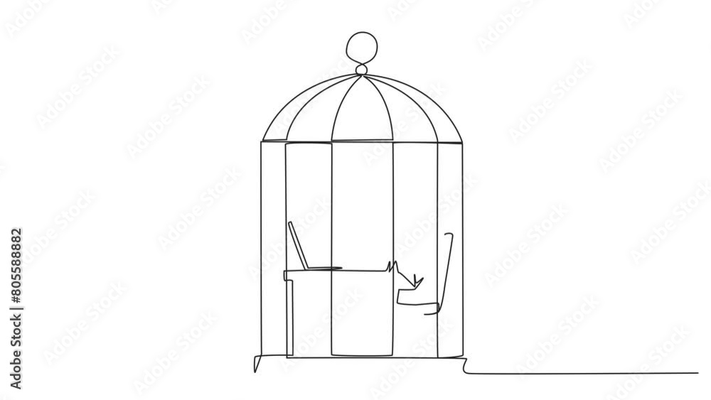 Poster animation of single line drawing arabian businessman trapped in cage asleep on a laptop. tired of ro