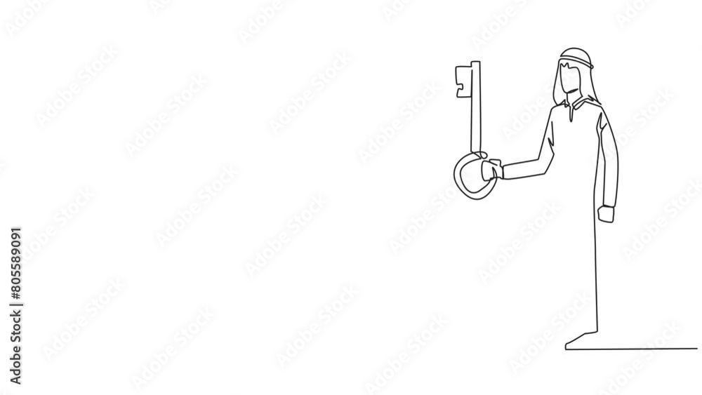 Aufkleber self drawing animation of continuous one line drawing arabian businessman holding key. important key