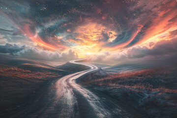 Surreal road leading into a swirling storm under a vivid sunset sky in a dramatic landscape
