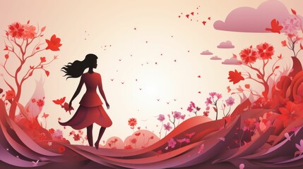 Woman in Red Dress Walking Through Field of Flowers