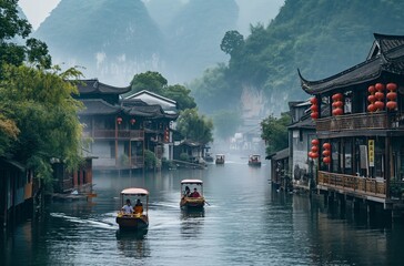 Boats sail on the Chinese river