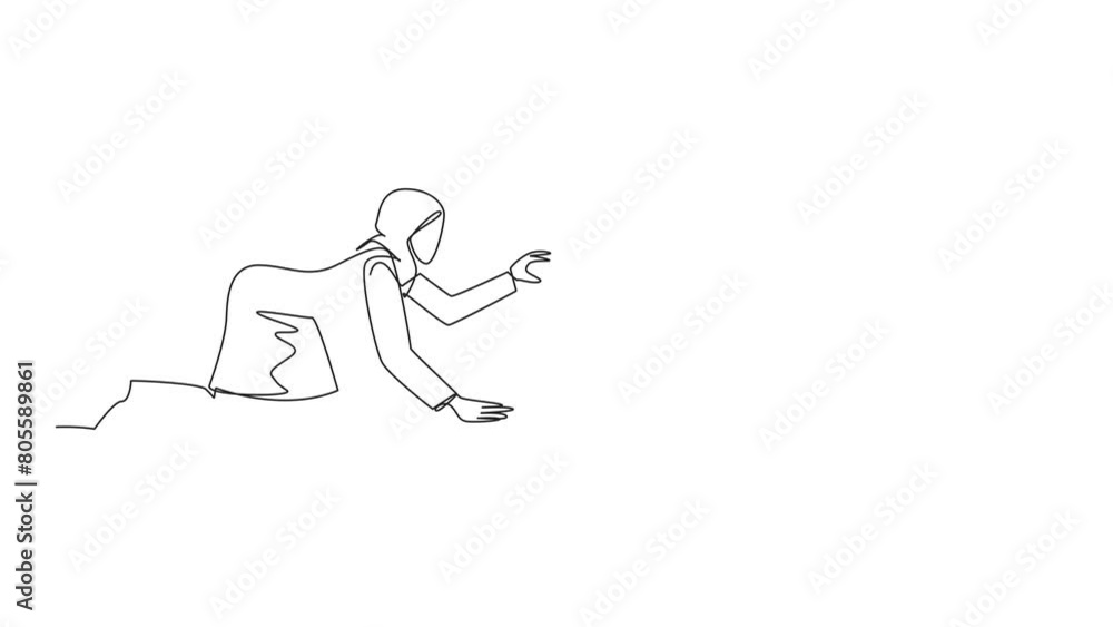 Poster animated self drawing of continuous line drawing crawl arabian businesswoman. trying to get up after