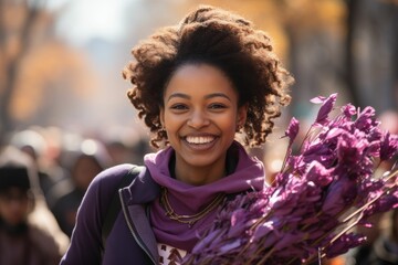 Woman Holding Bunch of Purple Flowers - Powered by Adobe