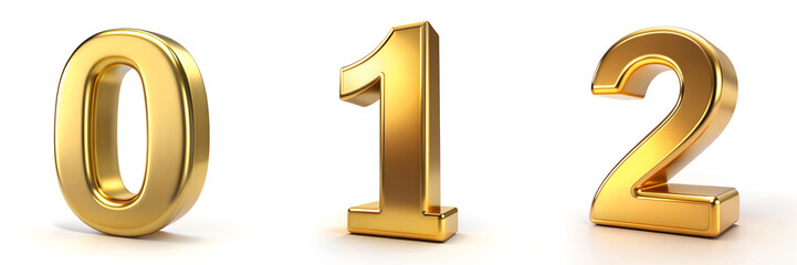 Numbers 0, 1, 2. Golden Alphabet: 3D Rendered Gold Letters Isolated on White Background.