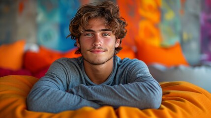 Fototapeta premium Young Man Sitting on Bean Bag Chair
