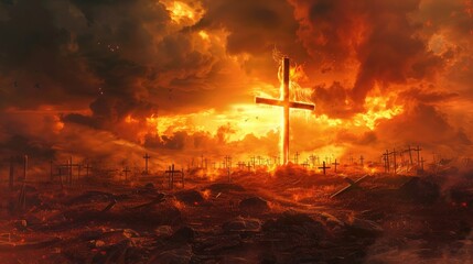 A desolate landscape with a field of crosses and a large, glowing cross