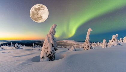moon and northern lights above pallas fells with fresh snow at winter night in pallas yllastunturi national park in muonio finland - obrazy, fototapety, plakaty