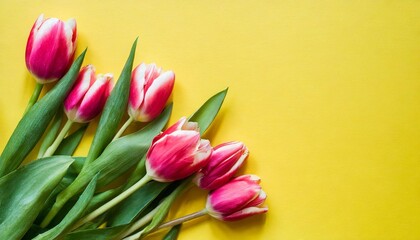 summer background of tulip flowers on a yellow background