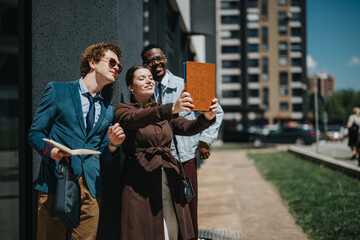Three young entrepreneurs capture a moment together with a selfie in an urban environment,...