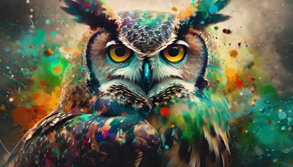abstract animal owl portrait with colorful double exposure paint with generative ai